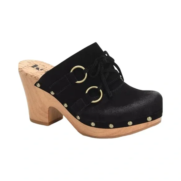 KORKS Woodley Black Suede Studded Clogs Mules with Wooden Heel Size 8M - Picture 1 of 13